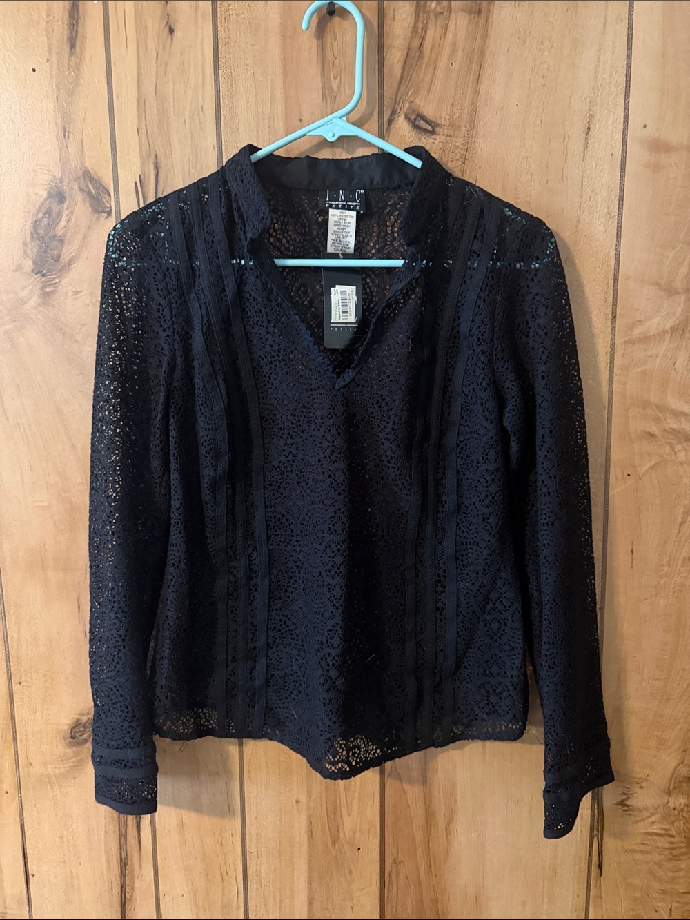 INC International Concepts Black Lace V-Neck Pintuck Blouse